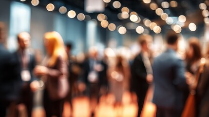 Naklejka premium Blurred crowd of people networking and socializing amidst warm amber lighting, suggesting a lively conference or festive celebration concept