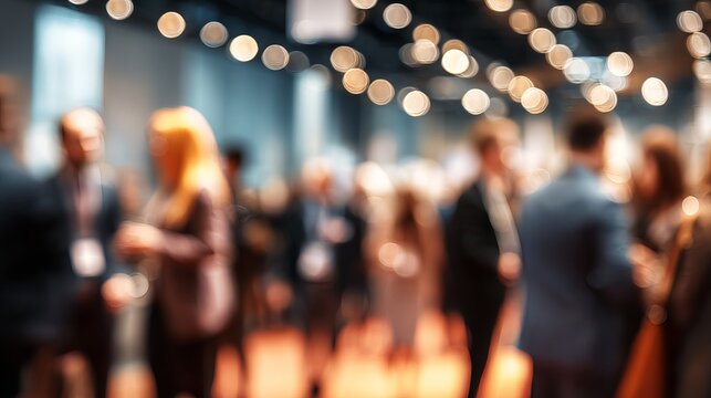 Blurred crowd of people networking and socializing amidst warm amber lighting, suggesting a lively conference or festive celebration concept