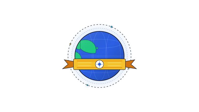 Rotating stylized Earth globe with a yellow ribbon banner and a navigation compass icon on a white background