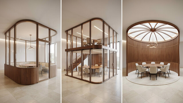 Three views of modern office meeting rooms with curved wooden walls and glass partitions
