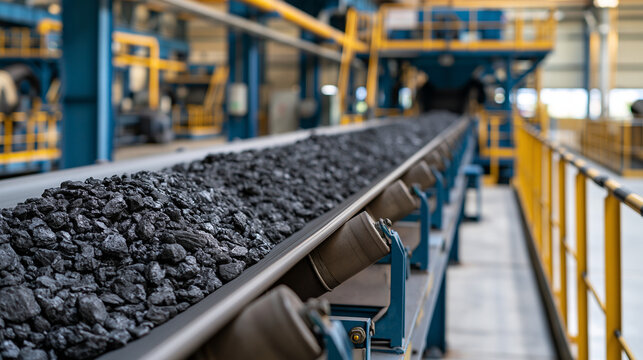Raw coal traveling along a heavy-duty conveyor belt through a bright industrial processing plant, detailed machinery and organized mineral handling systems, coal, conveyor belt, processing