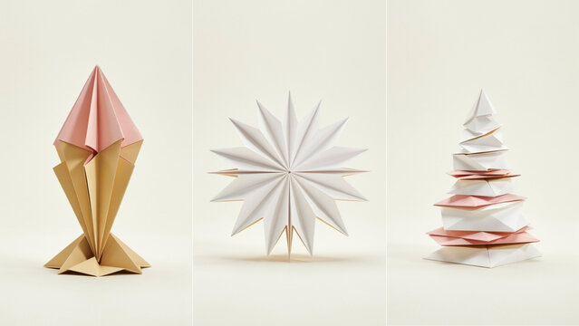 Three origami paper decorations including a cone, star and christmas tree on cream background