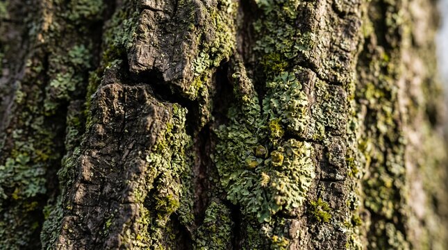 Extreme macro photograph of ancient oak tree bark texture showing deep crevices and natural green moss lichen