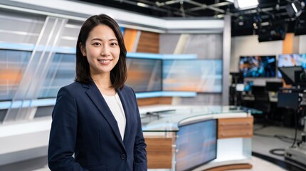 Fototapeta premium プロフィール写真をイメージした、無人のテレビ局ニュース番組のセットを背景に立ち、穏やかな笑顔をカメラに向けている知的な印象の20代日本人女性社員のバストアップポートレート