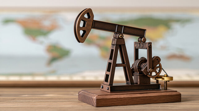 Miniature oil pumpjack placed before a softly blurred generic world map on a bright neutral background, clean conceptual image for global petroleum markets, miniature pumpjack, world map,
