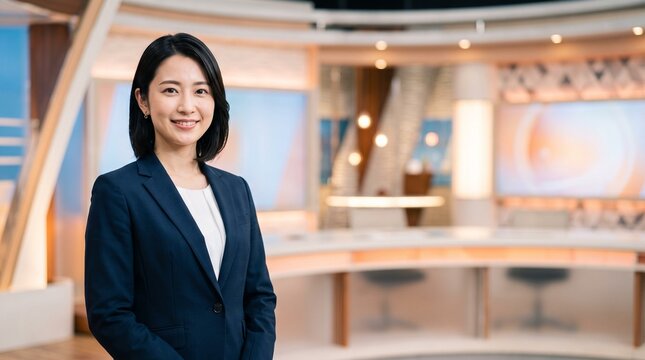 プロフィール写真をイメージした、無人のテレビ局ニュース番組のセットを背景に立ち、穏やかな笑顔をカメラに向けている知的な印象の20代日本人女性社員のバストアップポートレート