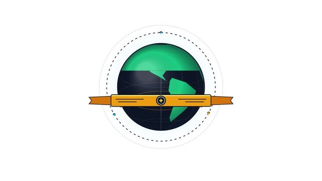 Stylized planet earth globe rotating with dotted orbit rings and a gold ribbon banner on a clean white background