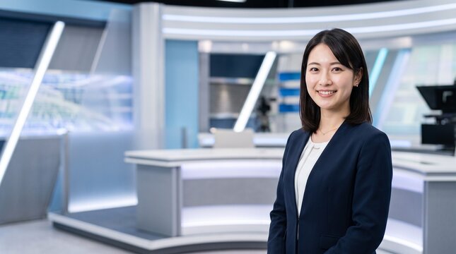 プロフィール写真をイメージした、無人のテレビ局ニュース番組のセットを背景に立ち、穏やかな笑顔をカメラに向けている知的な印象の20代日本人女性社員のバストアップポートレート