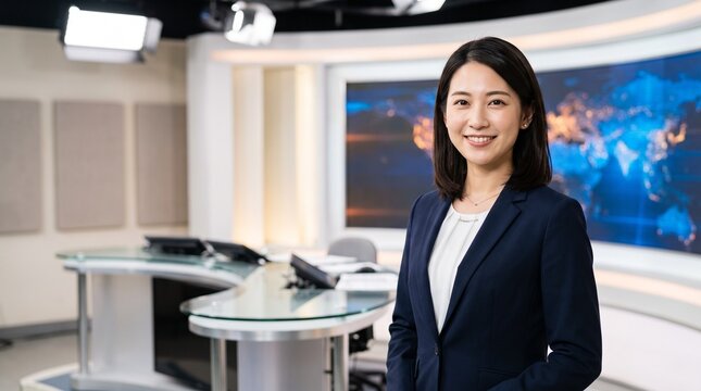 プロフィール写真をイメージした、無人のテレビ局ニュース番組のセットを背景に立ち、穏やかな笑顔をカメラに向けている知的な印象の20代日本人女性社員のバストアップポートレート