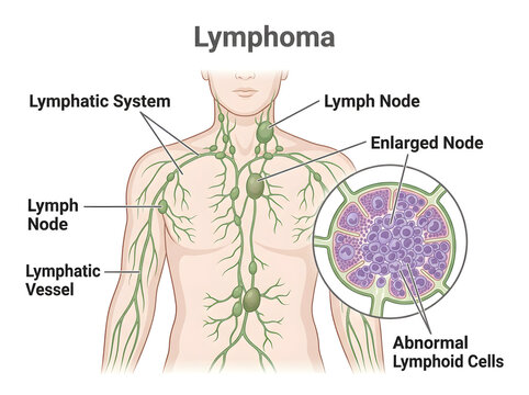 Lymphoma illustration showing enlarged lymph nodes with abnormal cells isolated on white background