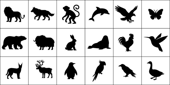 Collection of various wild animal silhouettes including mammals birds and sea life in black and white