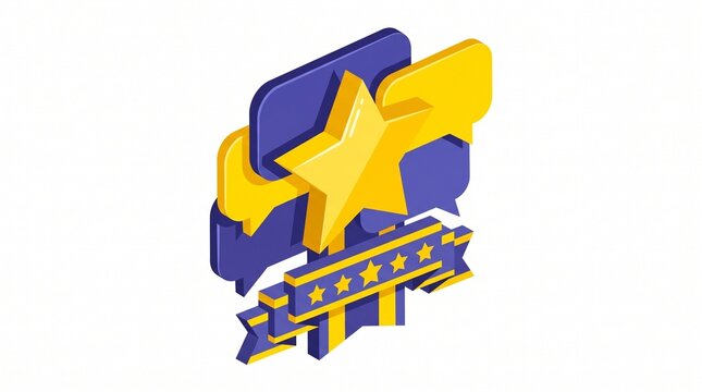 Isometric vector illustration of a golden star award badge with speech bubbles and ribbon