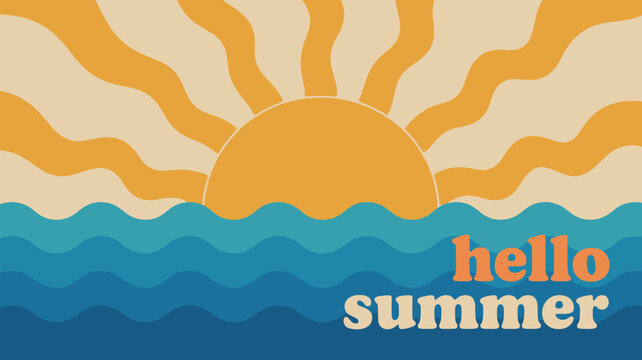 Retro sunset ocean wave background. Vintage summer landscape with sun rays for vacation banners, beach posters, invitations and seasonal greeting cards.