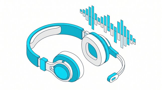 Isometric blue headphones with microphone and audio equalizer wave vector illustration