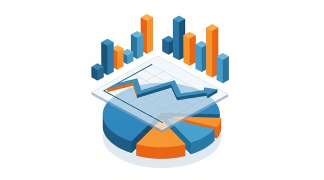 Isometric financial charts bar graphs and pie chart data analysis vector illustration with isolated