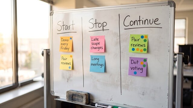 Start Stop Continue Retrospective Whiteboard. Colorful Sticky Note Team Feedback Board In Sunlit Office. Agile Scrum Sprint Review Meeting