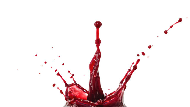 A dynamic splash of deep red liquid rising into a sharp central spike with surrounding droplets, captured against a solid black background
