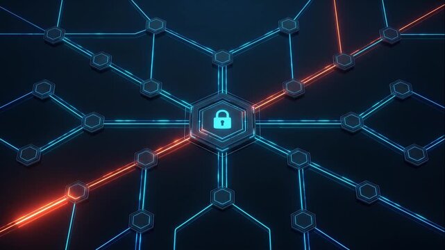 Central lock symbol on circuit board with neon lines connecting nodes for data protection documentary
