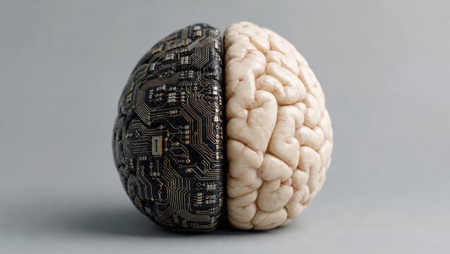 Conceptual model representing human brain structure with electronic circuit board on left hemisphere and organic biological tissue on right side.