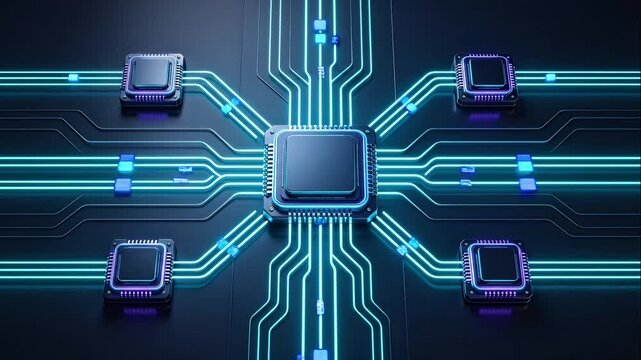 Central processor chip connected to four nodes by glowing cyan lines for AI hardware promo video