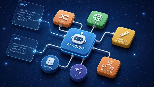 AI agent processing input with various connected modules like router, web search, content generator, database, LLM, and workflow on a blue background.