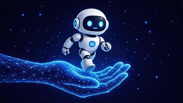 Cute white robot with blue glowing eyes walking on a stylized digital human hand, symbolizing artificial intelligence support and future interaction.