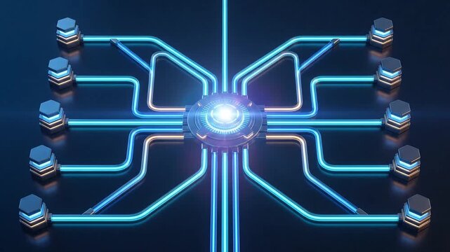 Futuristic data hub with neon blue pathways linking peripheral chips for tech infrastructure promo loop
