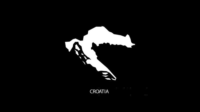 Graphic animation of world map zooming into Croatia map silhouette isolated on black background.