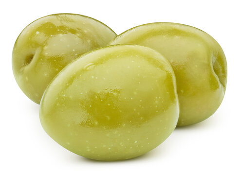 Tasty canned green olive berries. Pickled green olives isolated on white background with clipping path