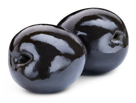 Two black olives for packaging. Fresh ripe black olives isolated on white background with clipping path