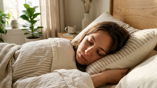 Young Woman Sleeping Peacefully in Cozy Bed, Natural Light