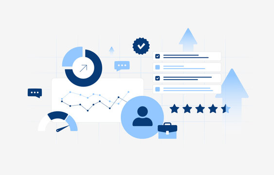Employee experience with workforce satisfaction, performance insights. Employee engagement tracking, career development and workplace analytics for modern organization flat design vector illustration.