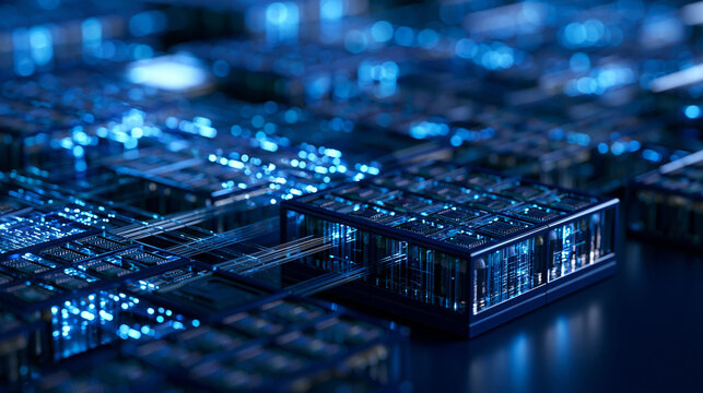 Futuristic matrix of GPU cores processing luminous data representing AI computing clusters accelerated machine learning high performance computing and digital infrastructure
