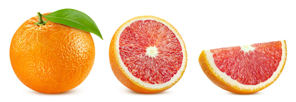 Red orange fruit composition with slices and halves. Organic citrus collection isolated on white background. Orange with clipping path