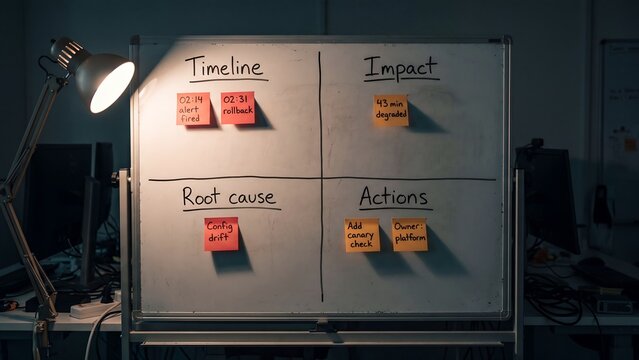 Root Cause Analysis Postmortem Whiteboard. Orange Sticky Note Timeline Impact Board In Dark Office. Incident Review Problem Solving Workshop