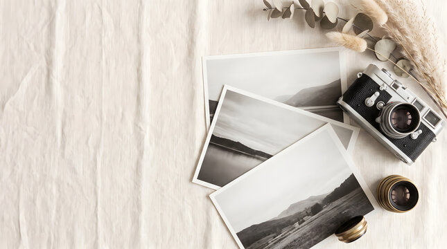 Flat lay photography featuring vintage film camera with black and white travel photos on a white wooden background