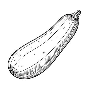 Simple black and white illustration of a whole zucchini vegetable