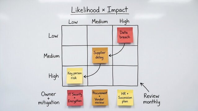 Likelihood Impact Risk Matrix Whiteboard. Sticky Note Risk Assessment Grid With Owner Mitigation In Office. Business Project Planning Board