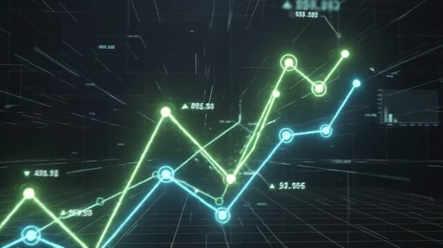 Abstract digital data visualization with glowing green and blue line graphs moving across a dark virtual grid background representing technology trends with technology information flow
