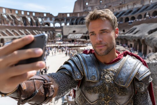 Historical reenactor takes selfie in ancient arena during a lively event on a sunny day