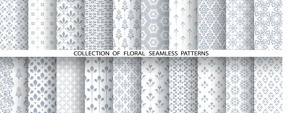 Geometric floral set of seamless patterns. White and gray vector backgrounds. Damask graphic ornaments
