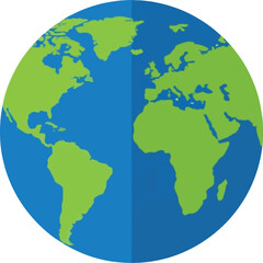 Obraz premium Flat vector illustration representing planet earth featuring detailed continental shapes depicted with vibrant green land masses against blue oceans