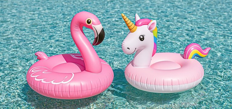 Colorful inflatable unicorn and flamingo float together on a clear turquoise pool under bright sunlight.