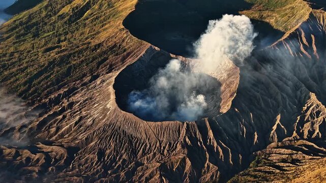 Aerial view of Mount Bromo volcano crater and volcanic landscape in East Java Indonesia