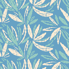 Fototapeta premium Seamless abstract botanical pattern with flowing cream and mint leaves on a turquoise blue background, ideal for fashion fabrics, wallpaper, home decor, stationery and packaging