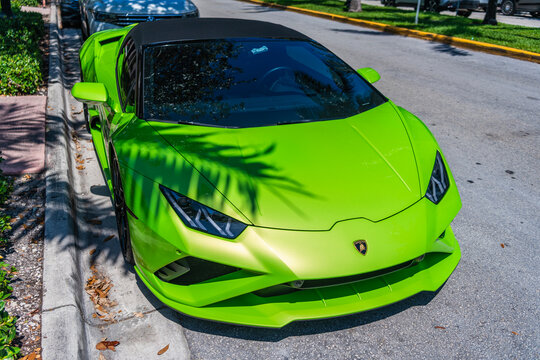 Miami, Florida, USA - May 18, 2025: Green car, corner view. 2020 Lamborghini Huracan EVO supercar. Luxury sportscar Lamborghini Huracan. Car Lamborghini Huracan EVO parked outdoor
