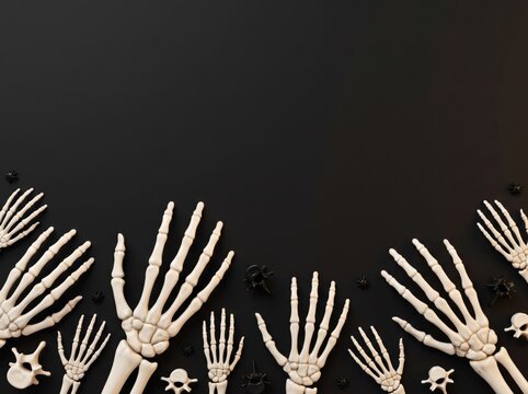 Halloween background with skeleton hands and vertebrae on black surface