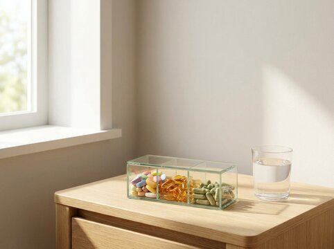 Acrylic pill organizer box filled with colorful supplement capsules on sunlit table