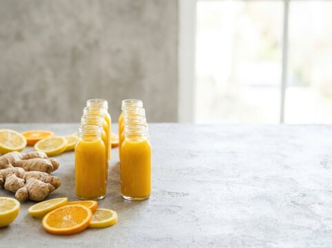 Fresh cold pressed ginger and turmeric wellness immunity shots in small glass bottles