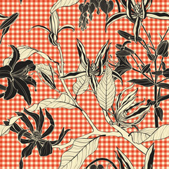 Seamless delicate pattern with line silhouette magnolia and lily flowers and leaves. Bright flawers illustration. Orange checkered background. © Виктор Фесюк